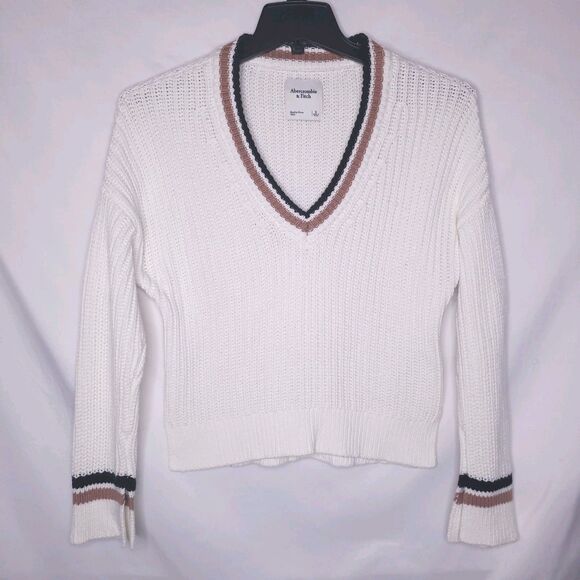 Abercrombie & Fitch Sweater Womens Small White Varsity Stripe V Neck Knit Crop - Picture 1 of 11
